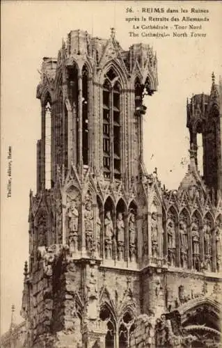 Ak Reims Marne, Ruine der Kathedrale, Nordturm