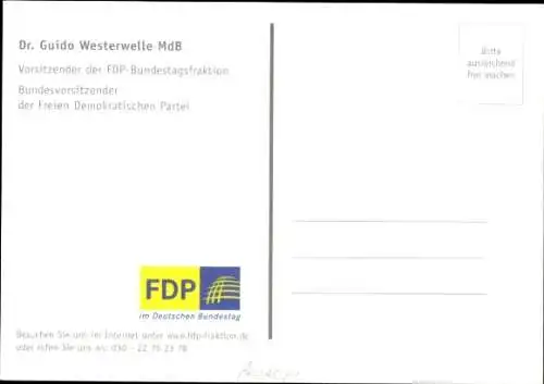 Ak Politiker Guido Westerwelle, Vorsitzender der FDP, Portrait, Autogramm