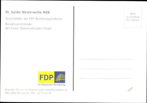 Ak Politiker Guido Westerwelle, Vorsitzender der FDP, Portrait, Autogramm