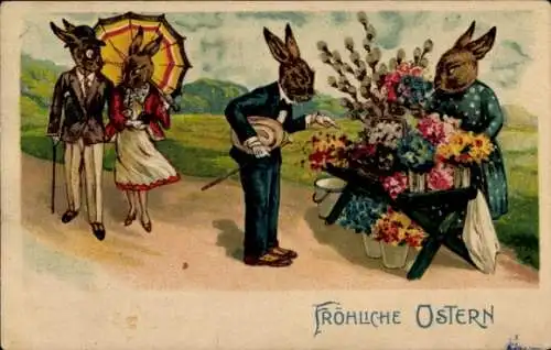 Ak Glückwunsch Ostern, Osterhasen, Händlerin, Weidenkätzchen