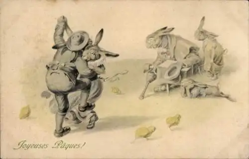Ak Glückwunsch Ostern, Tanzende Osterhasen, Küken