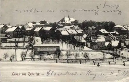 Ak Clausthal Zellerfeld im Oberharz, Winteransicht von Zellerfeld, Geschäftshaus H. Rademacher
