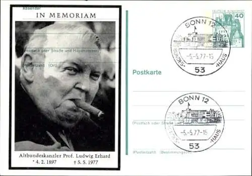 Ak Altbundeskanzler Prof. Ludwig Erhard, Portrait mit Zigarre, Trauerkarte