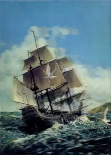 3 D Ak Segelschiff auf See, Dreimaster, Möwen