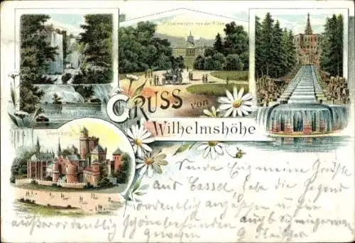 Litho Bad Wilhelmshöhe Kassel in Hessen, Herkules, Löwenburg, Wasserfall