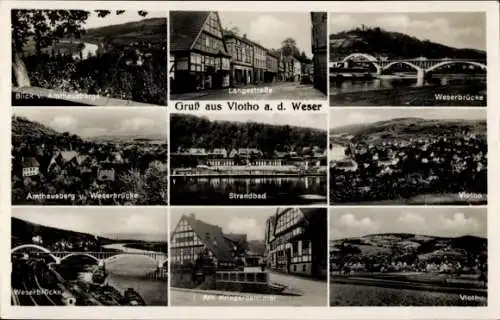 Ak Vlotho an der Weser, Langestraße, Weserbrücke, Strandbad, Am Kriegerdenkmal, Panorama