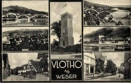 Ak Vlotho an der Weser, Weserbrücke, Totalansicht, Kriegerdenkmal, Badeanstalt, Lange Straße