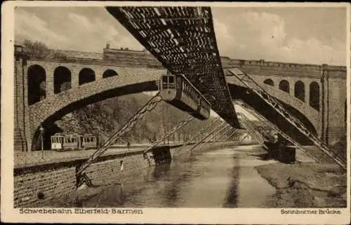 Ak Elberfeld Wuppertal, Sonnborner Brücke, Schwebebahn, Eisenbahn, Straßenbahn