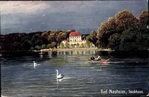Ak Bad Nauheim in Hessen, Teichhaus, Ruderboot, Schwan