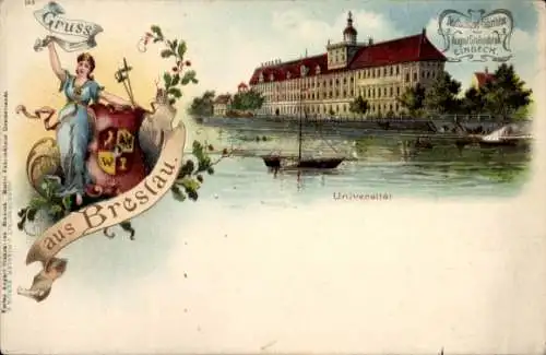 Wappen Litho Wrocław Breslau Schlesien, Universität, Uferpartie