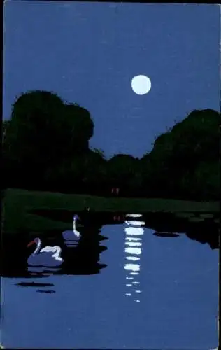 Handgemalt Ak Schwäne auf einem See, Nachtansicht