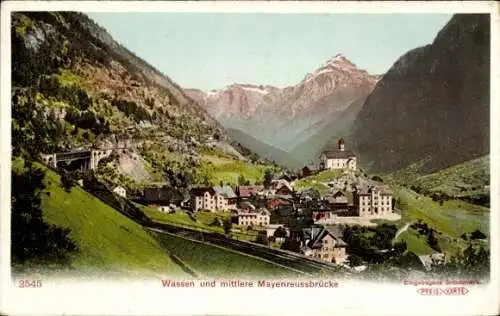 Ak Wassen Kt Uri Schweiz, Gesamtansicht, Mittlere Mayenreussbrücke