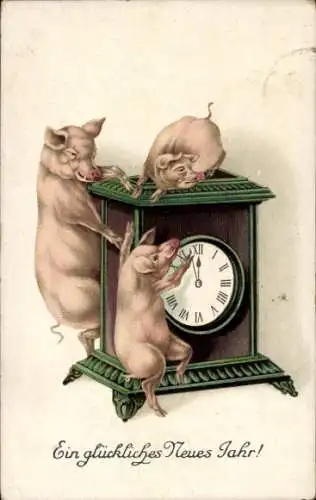 Ak Glückwunsch Neujahr, Schweine, Uhr