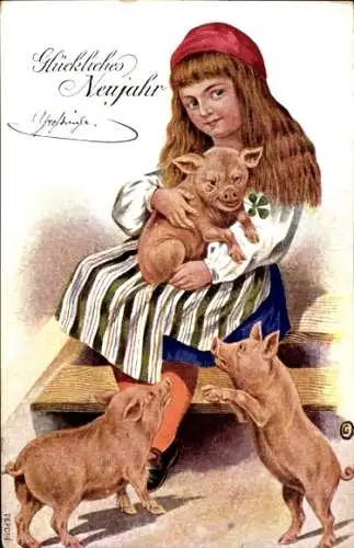 Ak Glückwunsch Neujahr, Mädchen mit Schweinen