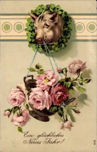 Präge Ak Glückwunsch Neujahr, Schwein, Rosen, Kleeblätter