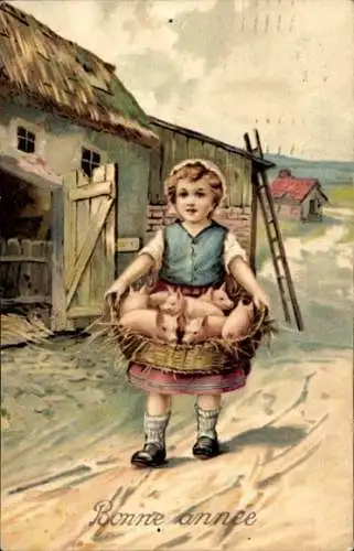 Präge Ak Glückwunsch Neujahr, Mädchen mit Ferkeln in einem Korb