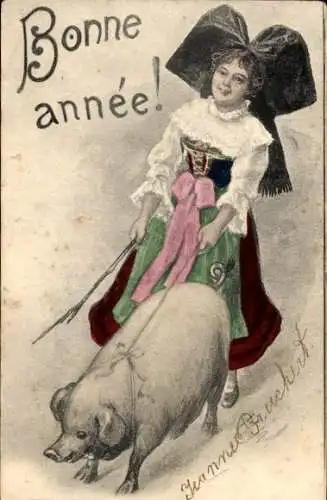 Ak Glückwunsch Neujahr, Elsässerin in Tracht mit Schwein