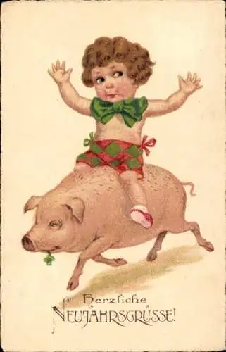 Ak Glückwunsch Neujahr, Kind reitet auf einem Schwein