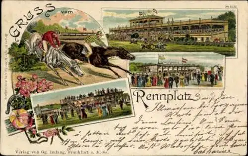 Litho Rennplatz, Pferderennen, Tribüne, Totalisator, Jockey, Hufeisen