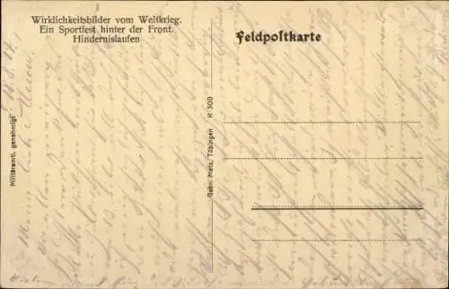 Ak Wirklichkeitsbilder vom Weltkriege, Ein Sportfest hinter der Front, Hindernislaufen, I WK