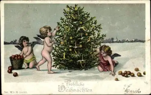 Litho Glückwunsch Weihnachten, Engel, Tannenbaum, Früchte
