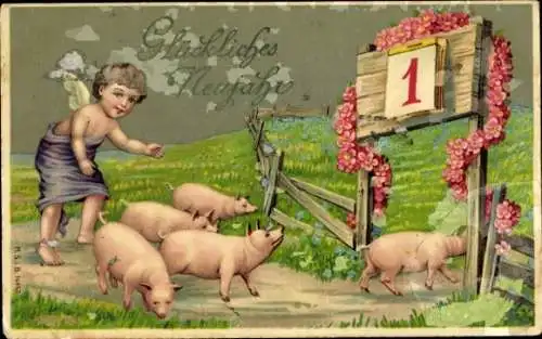 Ak Glückwunsch Neujahr, Engel, Schweine, Kalender