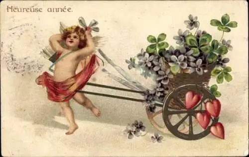Präge Litho Glückwunsch Neujahr, Engel, Kleeblätter, Herzen, Veilchen