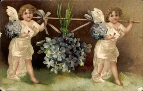 Präge Ak Zwei Engel mit Blumenstrauß, Schultertrage, Kitsch