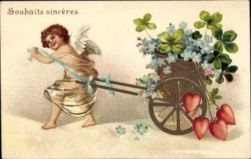 Präge Litho Engel, Kleeblätter, Herzen, Vergissmeinnicht