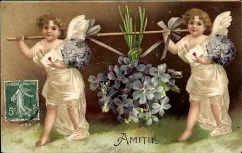 Präge Ak Zwei Engel mit Blumenstrauß, Schultertrage, Veilchen