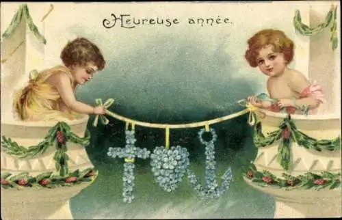 Präge Ak Glückwunsch Neujahr, Engel, Vergissmeinnicht, Kreuz, Herz, Anker