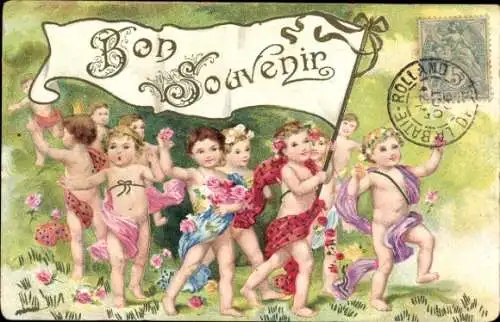 Präge Ak Kleine Kinder mit Fahne, Souvenir, Blumen