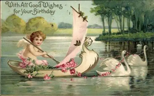 Präge Ak Glückwunsch Geburtstag, Engel im Ruderboot, Schwäne