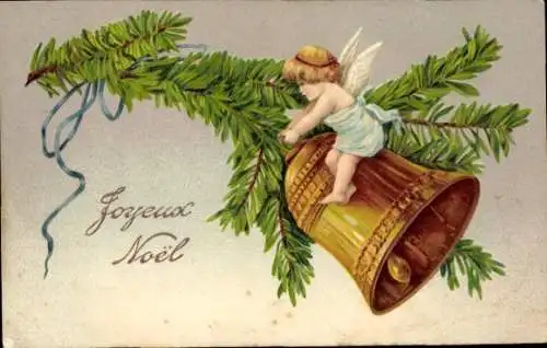 Präge Litho Glückwunsch Weihnachten, Engel, Glocke, Tannenzweige