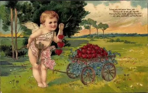 Präge Ak Amor, Eros, Herzen, Blumen