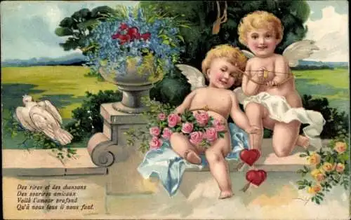 Präge Ak Amor, Herzen, Blumen, Taube