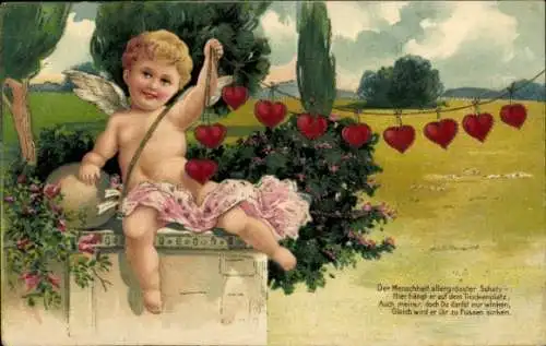 Präge Ak Amor, Herzen, Blumen, Garten