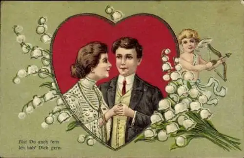 Präge Ak Liebespaar, Herz, Maiglöckchen, Amor