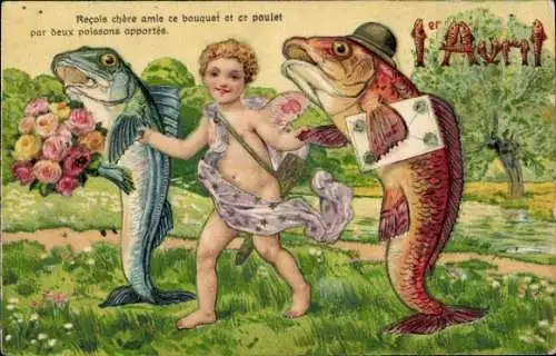 Präge Ak Engel, Vermenschlichte Fische, Blumen