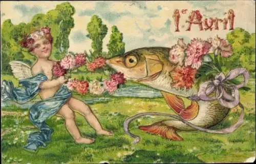 Präge Ak Glückwunsch 1. April, Engel, Fisch, Blumen