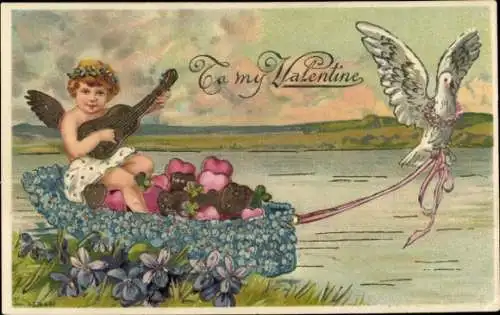 Präge Ak Glückwunsch Valentinstag, Amor spielt Gitarre, Taube, Blumen