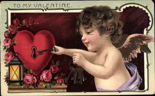Präge Ak Glückwunsch Valentinstag, Amor, Herz, Schlüssel, Rosen