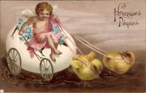 Präge Litho Glückwunsch Ostern, Küken, Kutsche aus Osterei, Engel, Vergissmeinnicht