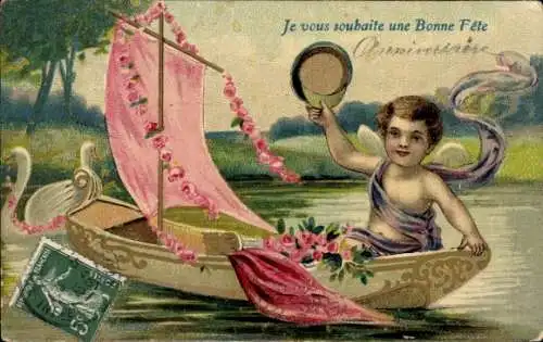 Präge Glückwunsch, Engel in Segelboot, Schwäne