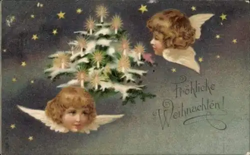 Litho Glückwunsch Weihnachten, Engel, Tannenbaum