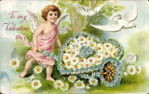 Präge Ak Glückwunsch Valentinstag, Amor, Tauben, Schubkarre, Blumen