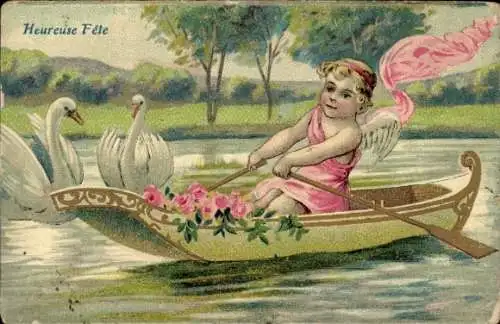 Präge Ak Glückwunsch, Engel in Ruderboot, Schwäne