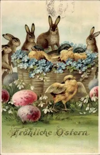 Litho Glückwunsch Ostern, Osterhasen, Küken, Ostereier, Vergissmeinnicht