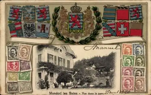 Präge Wappen Briefmarken Passepartout Ak Mondorf les Bains Bad Mondorf Luxemburg, Parkpartie