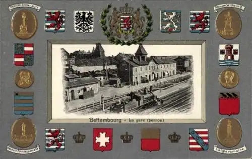 Präge Wappen Passepartout Ak Bettemburg Bettemburg Luxemburg, Gare, Perron